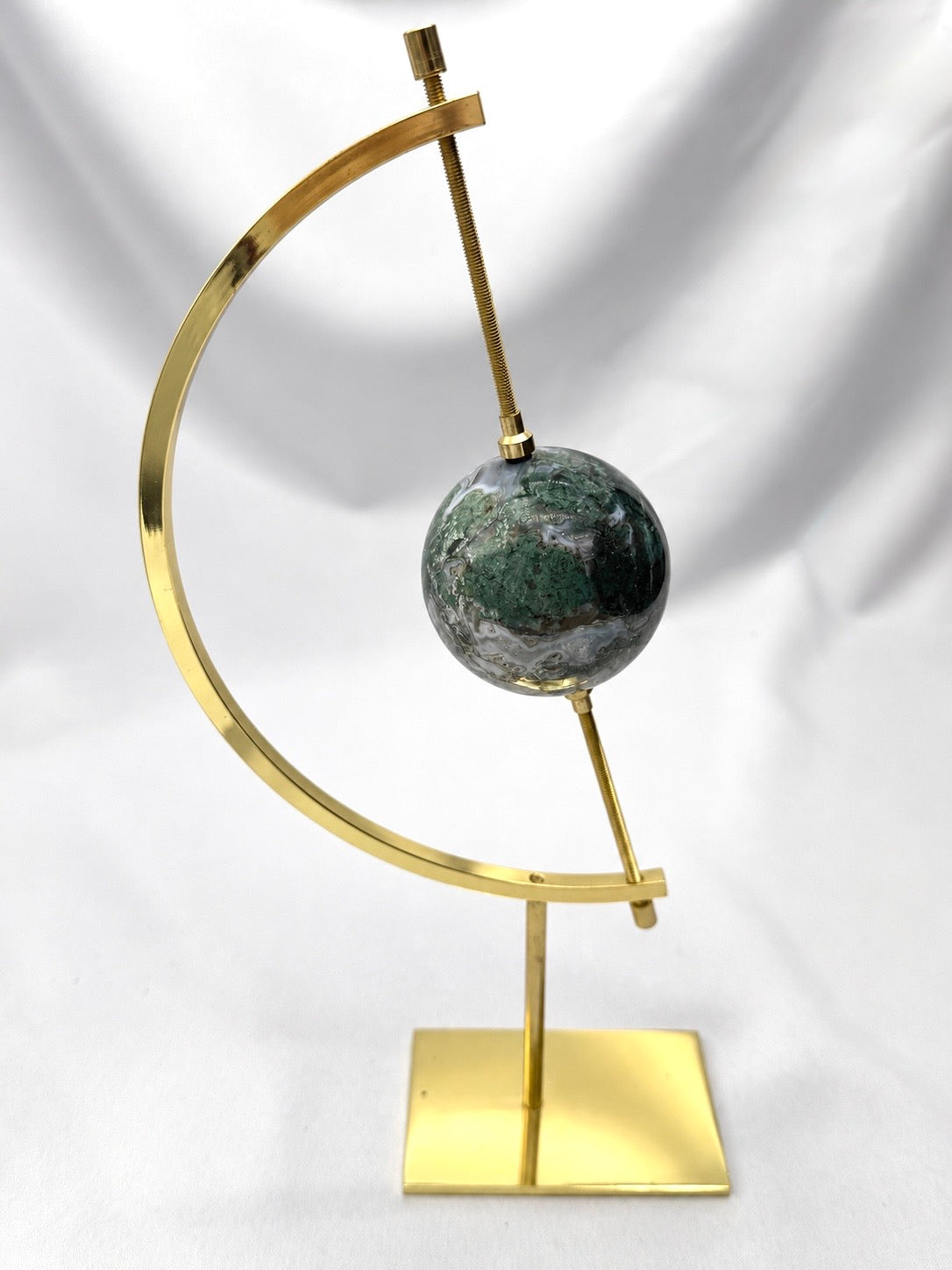 Moss Agate Sphere on Golden Moon Stand