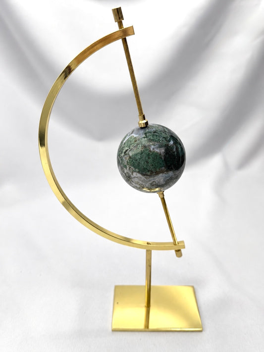 Moss Agate Sphere on Golden Moon Stand