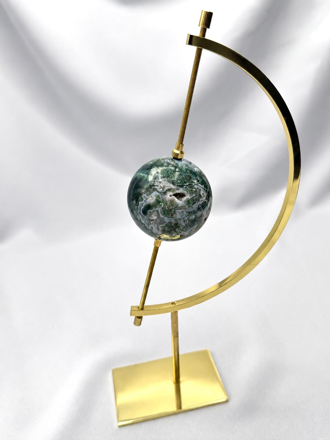 Moss Agate Sphere on Golden Moon Stand
