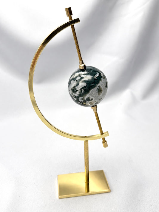 Moss Agate Sphere on Golden Moon Stand