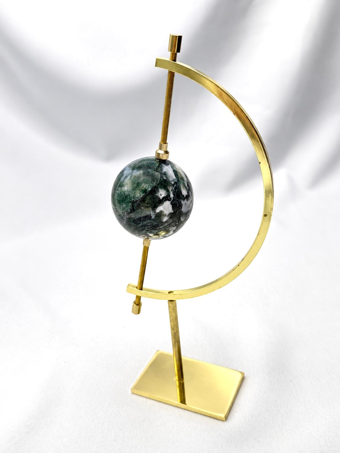 Moss Agate Sphere on Golden Moon Stand
