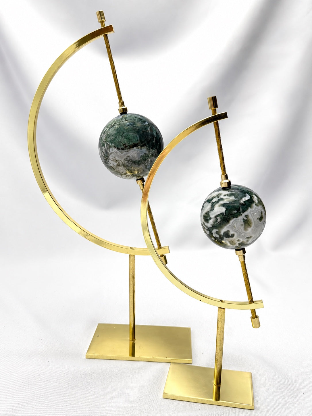 Moss Agate Sphere on Golden Moon Stand